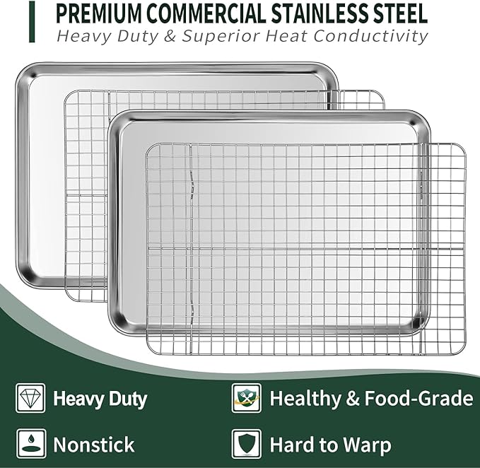 Jelly Roll Pan with Cooling Rack Set [2 Baking Pans + 2 Baking Racks], CEKEE Stainless Steel Baking Sheet Tray with Wire Rack Set, Commercial Quality, Rust Proof & Nonstick, Size 15.94 x 12 x 1 Inch - Image 3
