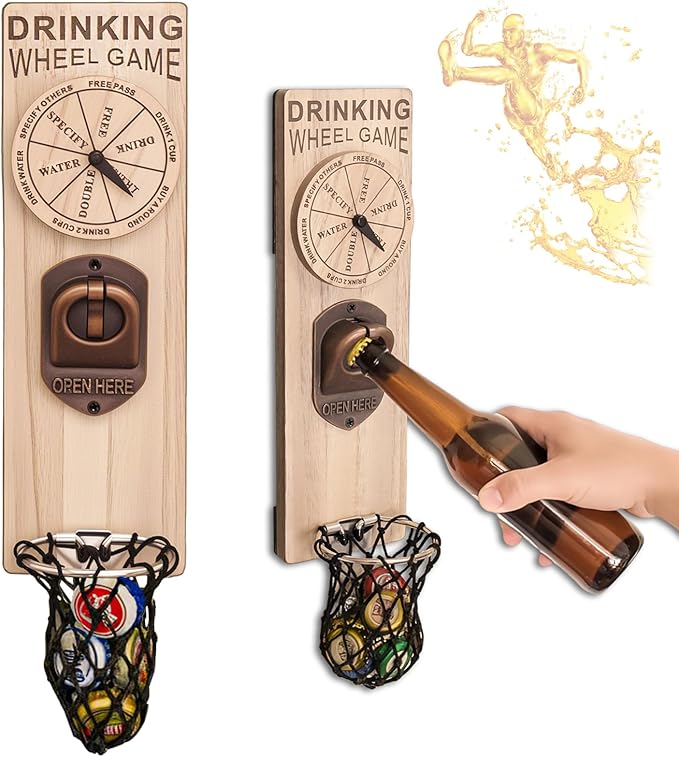 Magnetic Bottle Openers with Catcher, Wall Mounted Wooden Beer Bottle Opener with Game Roulette, Traceless Corkscrew, Home Bar Accessories for Kitchen, Outdoor, Ideal Beer Gifts for Men (Style 9)