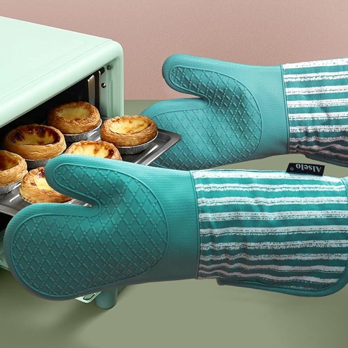 Alselo Silicone Oven Mitts Heat Resistant 932℉ with Waterproof & Non-Slip Kitchen Mittens, Set of 2 Extra Long Oven Gloves with Soft Cotton Terry Lining for Baking Cooking Barbecue - Image 5