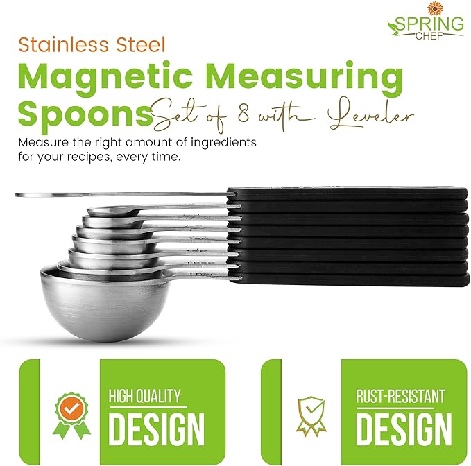 Spring Chef Stainless Steel Magnetic Measuring Spoons Set of 8 with Leveler, Round Metal Teaspoon & Tablespoon Measuring Spoons - Kitchen Gadgets For Baking and Cooking - Image 2