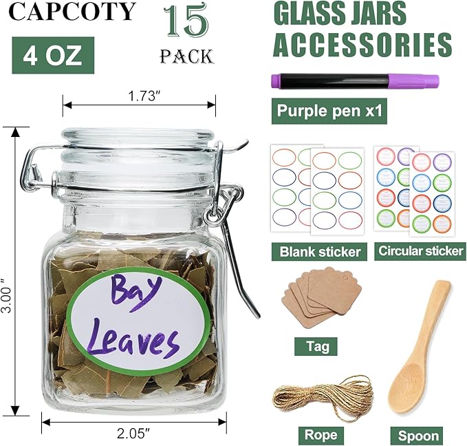 Small Glass Jars with Lids,4 oz Spice Jars with Labels,15 Pack Small Glass Containers with Airtight Hinged Lid for Home Kitchen, Arts & Crafts Projects, Spices, Decoration, Snack Foods - Image 2