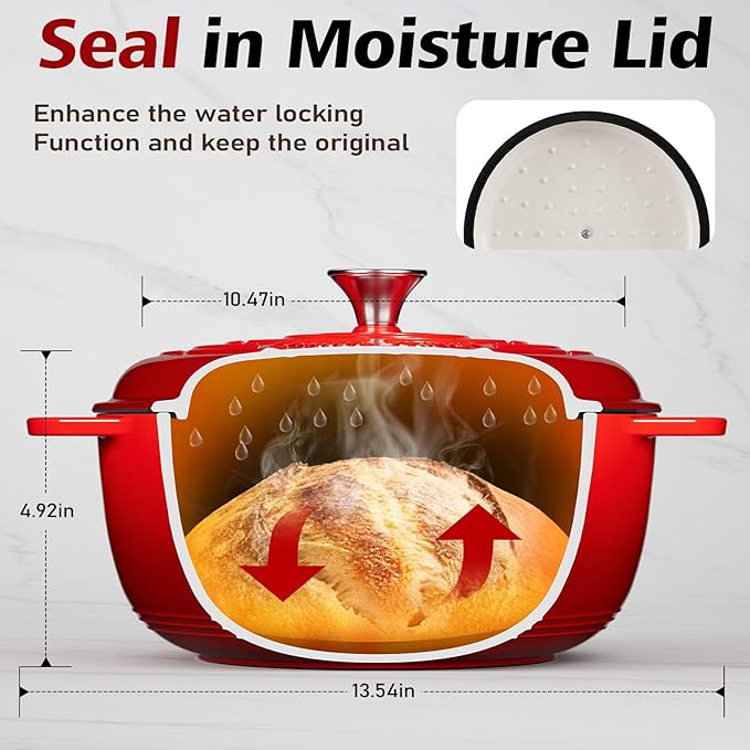 Umite Chef 6QT Enameled Cast Iron Dutch Oven with Lid, Versatile Heavy-Duty Cookware Pot for Baking Bread, Braising, Soups & Stews, Oven & Stovetop Safe with Heat Resistant Gloves（Red） - Image 4