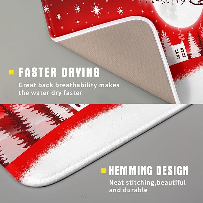 Christmas Reindeer Moon Star Red Dish Drying Mat for Kitchen Counter,White Xmas Tree Castle Drying Mat 16 x 18 Inch with Absorbent Reversible Microfiber Dish Drying Pad for Coffee Bar - Image 3