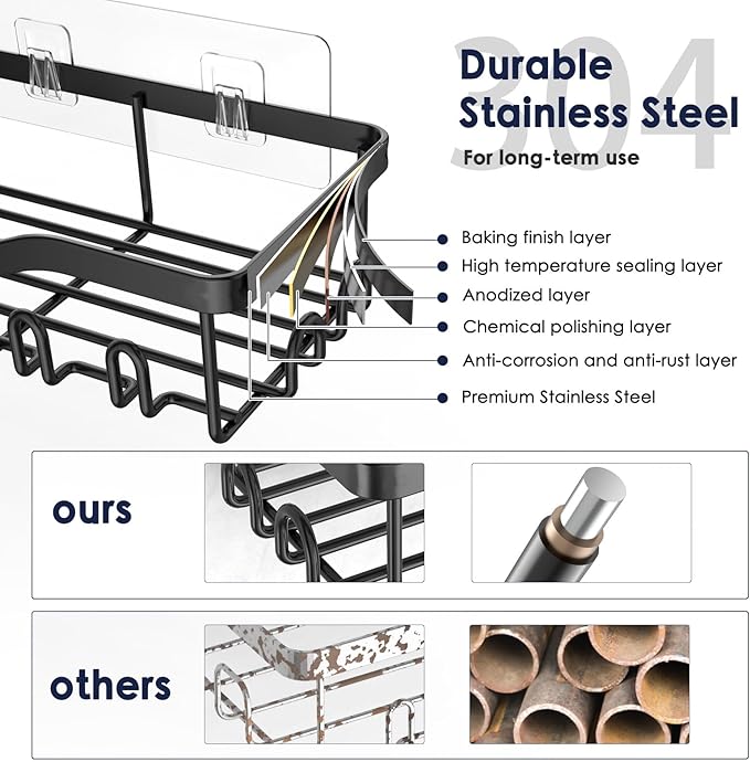 NESOMI Shower Caddy Adhesive Shower Organizer 8-Pack, Rustproof Stainless Steel Bathroom Shelves, Large Capacity No-Drill Rack Storage Accessories with Soap Dish Toothbrush Holder Hooks - Image 3