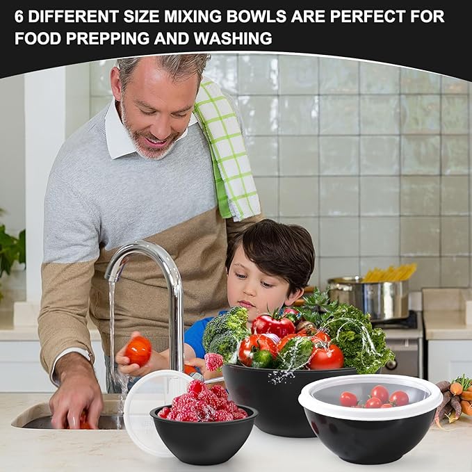 Greentainer Plastic Mixing Bowls with Lids Set for Kitchen, 6 Set Nesting Bowls for Mixing, Baking, Prepping, Cooking and Serving Food, Mixing Bowls Dishwasher, Microwave Safe