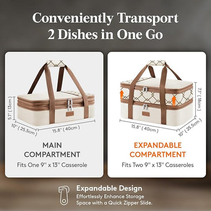 Lifewit Insulated Double Decker Casserole Carrier, Expandable Lasagna Lugger Tote Bag for Hot or Cold Food, Fits 9" x 13" Baking Dish for Potluck Parties, Picnic and Cookouts, Cream-Geometric