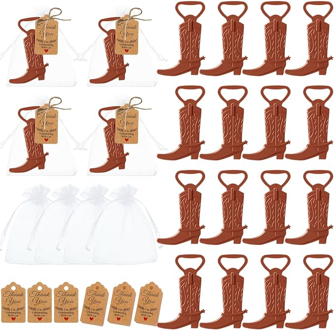 Meanplan 99 Pcs Cowboy Boot Bottle Opener Set Cowgirl Western Derby Wedding Party Favor Includes Cowboy Beer Bottle Opener Organza Bag Thank You Tag and Jute Rope for Guest Wedding Party Baby Shower by Meanplan