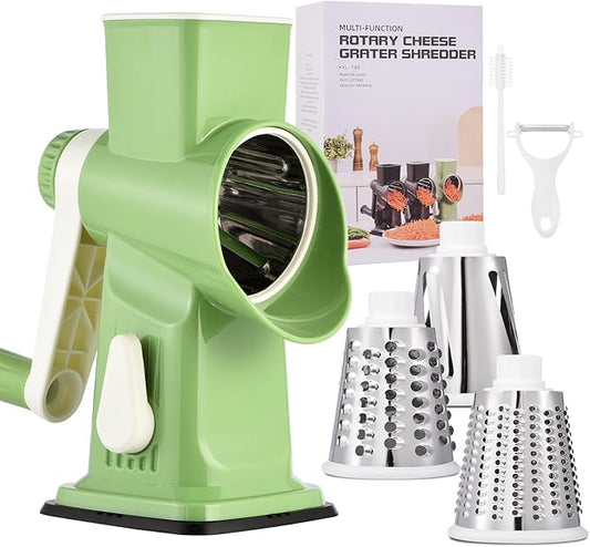 Rotary Cheese Grater Hand Crank Transparent - Shredder Slicer Grinder 3 Stainless Steel Blades, Stable Suction, Labor-Saving Handle, Safe Kitchen Tool for Cheese, Vegetable, Nuts, Chocolate by Ziweaye