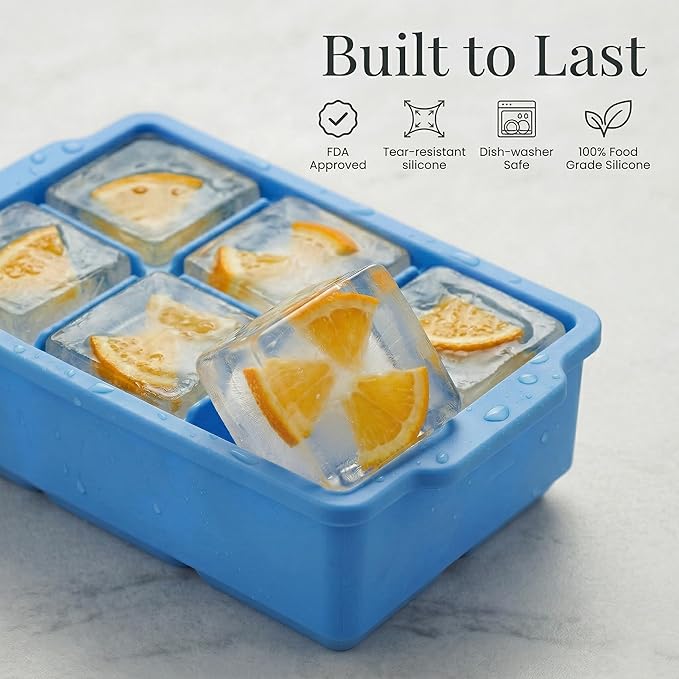 KitchFort Large Silicone Ice Cube Tray (2-Pack), Easy Release 2" Big Ice Cubes - Cocktail, Whiskey Ice Cubes Mold - Ice Trays for Freezer with Lid - Stackable Silicone Ice Tray - Blue - Image 2