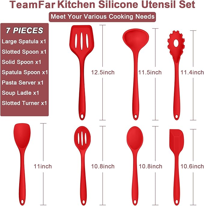 TeamFar Kitchen Utensils, 7 PCS Silicone Cooking Baking Utensil, Non-Stick Kitchen Gadgets with Ladle Spatula Spoon Turner Pasta Server, Non-Toxic & One Piece, Heat Resistant & Dishwasher Safe-Red - Image 2