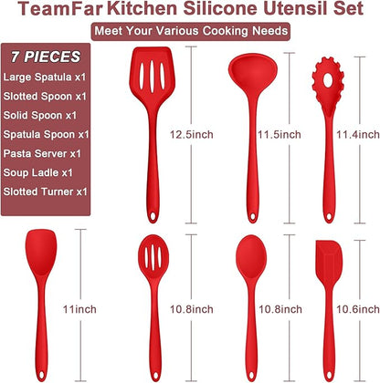 TeamFar Kitchen Utensils, 7 PCS Silicone Cooking Baking Utensil, Non-Stick Kitchen Gadgets with Ladle Spatula Spoon Turner Pasta Server, Non-Toxic & One Piece, Heat Resistant & Dishwasher Safe-Red - Image 2