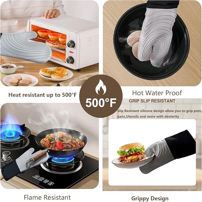 Silicone Oven Mitts-13.6 in Extended Oven Mitts Heat Resistant 500F, Oven Gloves with Soft Liner Good Grippy BPA-Free Easy to Clean Flexible-Oven Mits Set for Cooking Baking Grilling BBQ - Image 4