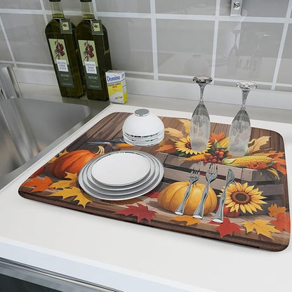 Fall Thanksgiving Dish Drying Mat for Kitchen Counter 18x24 Pumpkin Sunflower Bird Autumn Harvest Theme Absorbent Reversible Microfiber Drying Mats Kitchen Countertop Protector Dishes Drainer Pad - Image 6