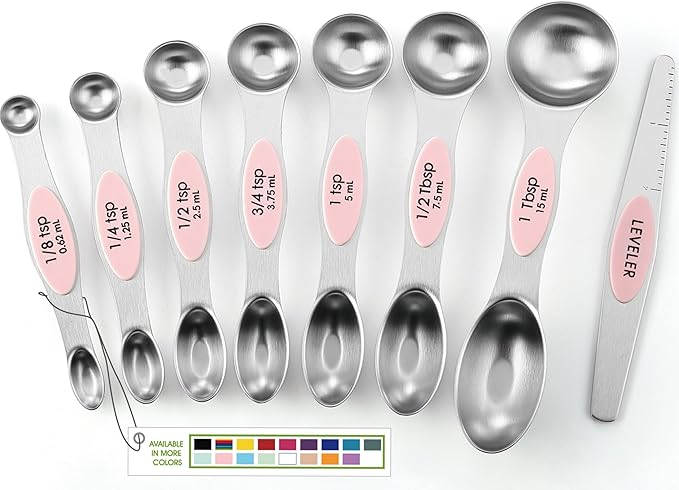 Spring Chef Stainless Steel Magnetic Measuring Spoons Set of 8 with Leveler, Dual Sided Teaspoon & Tablespoon Measuring Spoons with Strong Magnets, Kitchen Gadgets for Baking & Cooking - Pink Lemonade by SpringChef