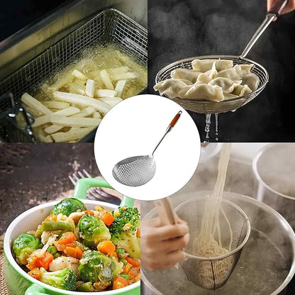 Stainless Steel Skimmer Slotted Spoon, Spider Strainer Ladle with Long Handle for Cooking, Draining Pasta, Deep Frying(Wooden Handle)