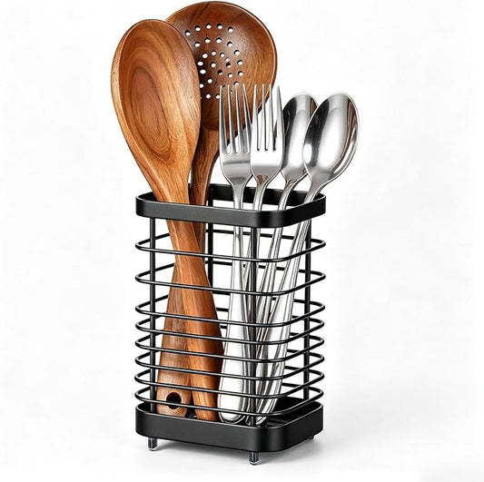 Utensil Holder, Stainless Steel Utensil Drying Rack for Kitchen Counter, Silverware Cutlery Flatware Holder Forks, Knives, Spoons, Chopsticks Organizer (Black) by IWNTWY