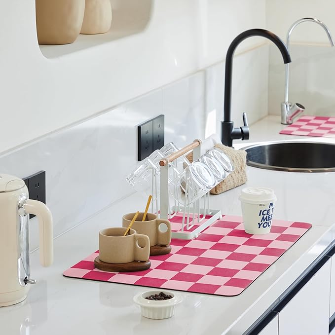 Ohocut Checkered Dish Drying Mat for Kitchen Counter, Coffee Bar Station Accessories, Retro Cute Girly Pink Aesthetic Modern Absorbent Drainer Mat Kitchen Drying Mat Easy Clean, Hot Pink 16" x 24" by Ohocut