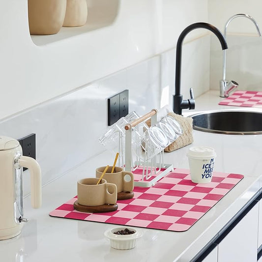 Ohocut Checkered Dish Drying Mat for Kitchen Counter, Coffee Bar Station Accessories, Retro Cute Girly Pink Aesthetic Modern Absorbent Drainer Mat Kitchen Drying Mat Easy Clean, Hot Pink 16" x 24" by Ohocut