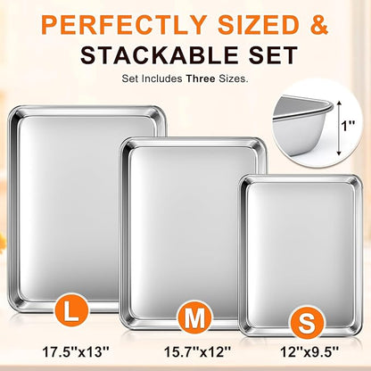 Baking Sheet Set of 3, Commercial Grade Stainless Steel Cookie Sheets for Baking, 12/16/17.5 Inch, Thicker and Firmer Baking Pans Set, Rust & Warp Resistant & Nonstick, Nontoxic&Heavy Duty&Easy Clean - Image 2