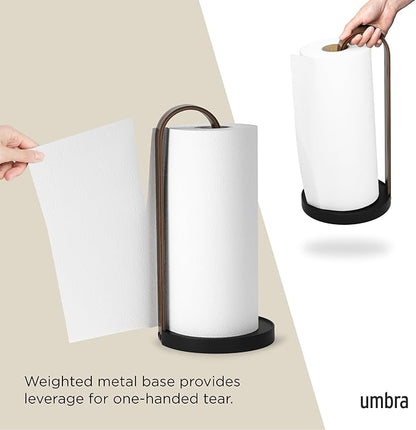 Umbra Bellwood Paper Towel Holder for Kitchen Countertop, with Real Wood Stand and Weighted Metal Base, Black/Walnut - Image 5