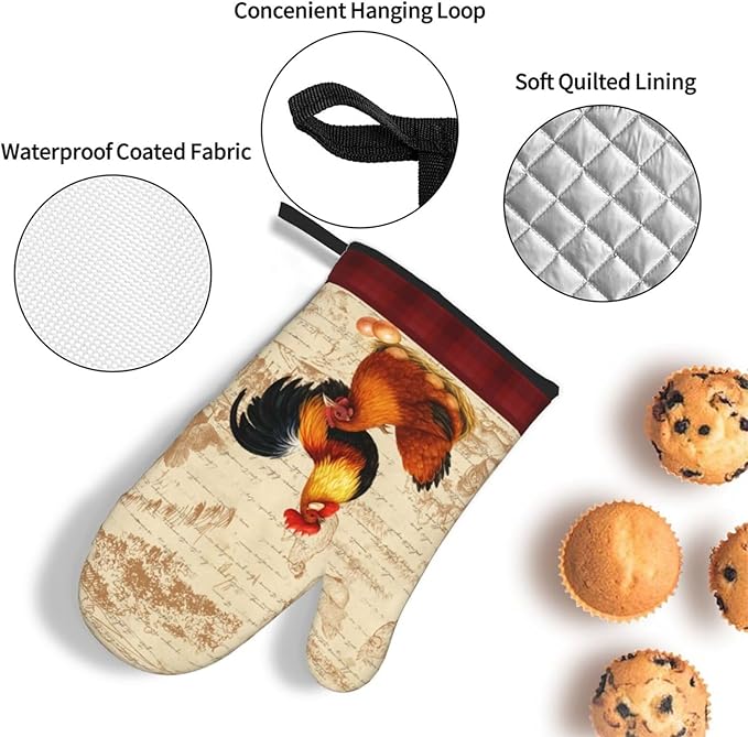 Retro Rustic Pot Holders and Oven Mitts Set of 3, Rooster Chicken Oven Gloves Hot Pads for Baking Cooking Grilling BBQ, Rooster Chicken Decor for Kitchen, Rustic Baking Gifts for Women Chef Baker