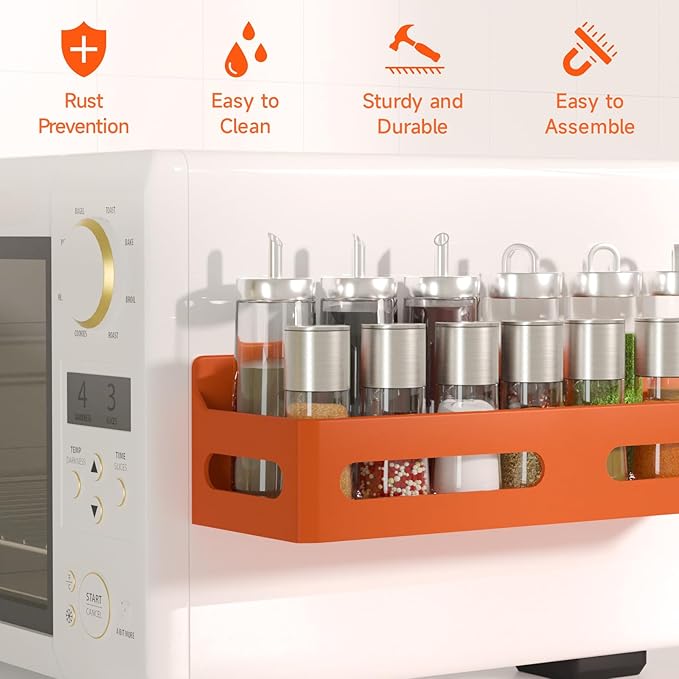 Sevenblue 4 Pack Strong Magnetic Spice Rack for Refrigerator, Multipurpose Magnetic Shelf for Fridge with 4 Hooks for kitchen and Bathroom Organization, Orange - Image 5