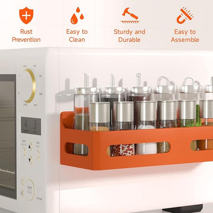 Sevenblue 4 Pack Strong Magnetic Spice Rack for Refrigerator, Multipurpose Magnetic Shelf for Fridge with 4 Hooks for kitchen and Bathroom Organization, Orange - Image 5