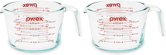 Pyrex 4-Cup Glass Measuring Cup For Baking and Cooking, Dishwasher, Freezer, Microwave, and Preheated Oven Safe, Essential Kitchen Tools (Pack of 2) by Pyrex