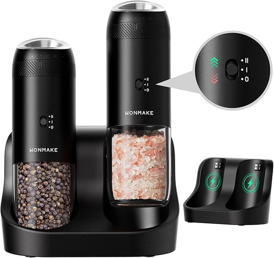 WONMAKE Gravity Electric Salt and Pepper Grinder Set with Charging Base, Automatic Salt and Pepper Mill, 6-Level Adjustable Coarseness, Dual Speed, and Large 5.95oz Capacity by WONMAKE