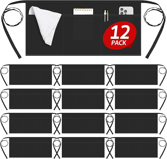 Syntus Server Apron for Men Women, Waitress Waist Apron, Black 1/3/12 Packs by Syntus