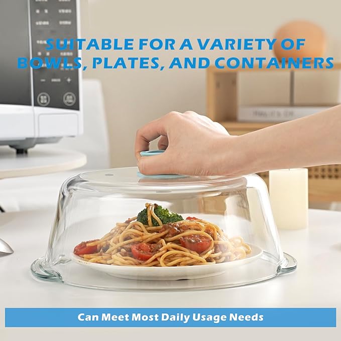 Tall Glass Microwave Splatter Cover for Food with Vent Hole 100% Food Safe 10in Plate Splatter Guard Lid with Silicone Knob BPA Free Cookware Serving Dish Cover Dishwasher Safe - Image 2