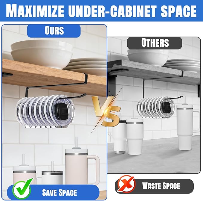 2 Pack Tumbler Lid Organizer, Versatile Cup & Water Bottle Lid Holder, Upgraded Kitchen Space Saver & Under Cabinet Storage, No Adhesive or Drilling Needed, Multi-Use Tumbler Lid Holder, Black - Image 3
