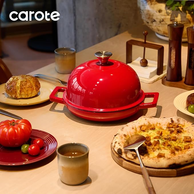 CAROTE Enameled Cast Iron Bread Dutch Oven, Round Bread Oven Pot with Dome Lid for Homemade Sourdough Bread Baking, Healthy & Non-Toxic, Dual Handles, All Stovetop Compatible, Oven Safe up to 500° F, 1.5 Quarts, 9 Inches, Red