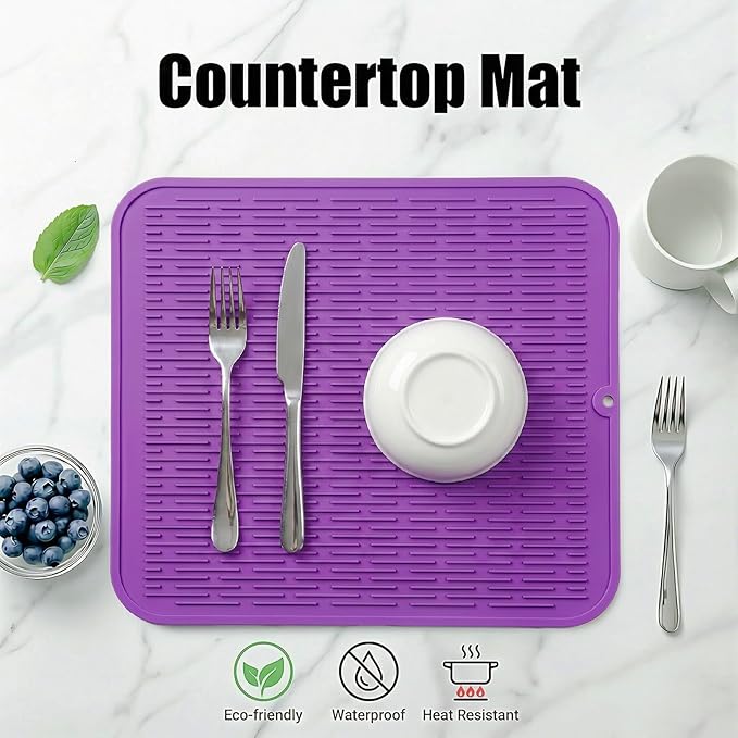 MicoYang Silicone Dish Drying Mat for Multiple Usage,Easy clean,Eco-friendly,Heat-resistant Silicone Mat for Kitchen Counter or Sink,Refrigerator or Drawer Liner Purple XL 18 inches x 16 inches - Image 3