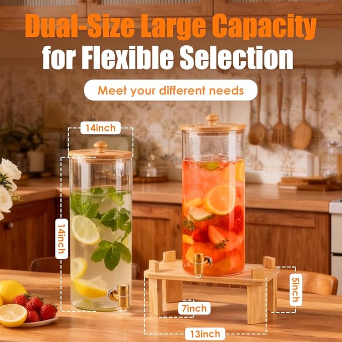 2 Gallon 2 Pack large Glass Drink dispenser for parties,Beverage Dispenser With Wood Stand,Water Dispensers with spigot,lemonade dispenser,juice containers & water pitcher with lid - Image 2