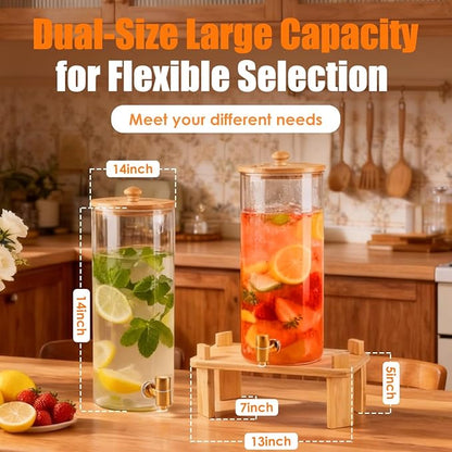 2 Gallon 2 Pack large Glass Drink dispenser for parties,Beverage Dispenser With Wood Stand,Water Dispensers with spigot,lemonade dispenser,juice containers & water pitcher with lid - Image 2