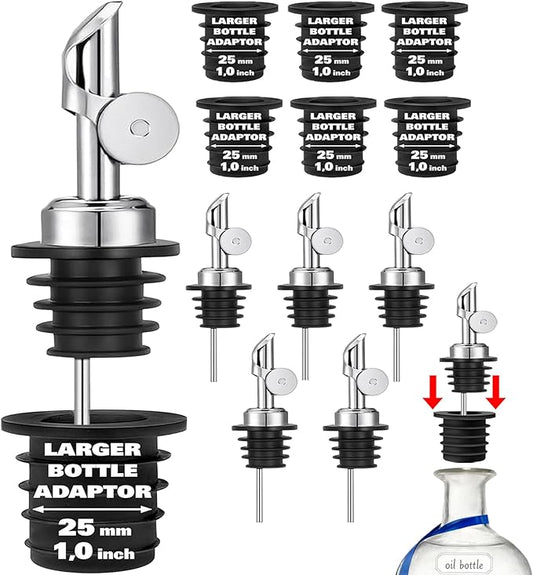 Pafusen Olive Oil Pour Spout with Adapters, Oils Pourer for Olive Oil Dispenser Bottle, Easily Turn Your Bottles into Dispensers for Liquor,Oils,Bottle Pourers (Sliver, 6 Pack Pour +Adapters)