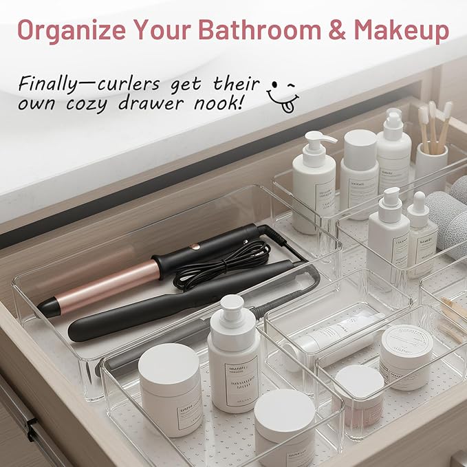 8 Pack Large Clear Plastic Drawer Organizer Bins - Acrylic Bathroom Drawer Organizer Trays - Heavy Duty Kitchen Drawer Dividers for Utensils - Non-Slip Storage Bins for Makeup, Bedroom, Office Desk - Image 5