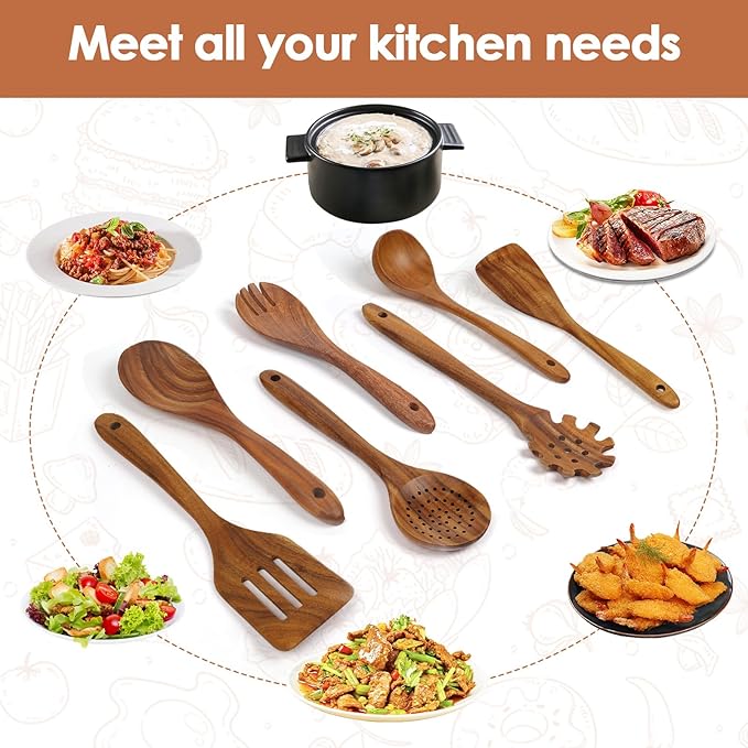comfoyar Wooden Kitchen Cooking Utenails Set, 7 Pieces Natural Teak Wooden Spoons for Cooking with Spatula and Ladle, Heat Resistant Kitchen Cookware for Nonstick Pan - Image 4