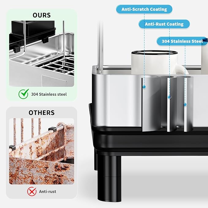 Ewaiira Dish Drying Rack, 2 Tier Large Dish Rack, Stainless Steel Dish Drainer for Kitchen Counter, Dishes Rack with Automatic Drainage, Utensil Holder,Cups Holder,Space Saving Kitchen Organizer,Black - Image 6