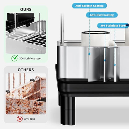 Ewaiira Dish Drying Rack, 2 Tier Large Dish Rack, Stainless Steel Dish Drainer for Kitchen Counter, Dishes Rack with Automatic Drainage, Utensil Holder,Cups Holder,Space Saving Kitchen Organizer,Black - Image 6