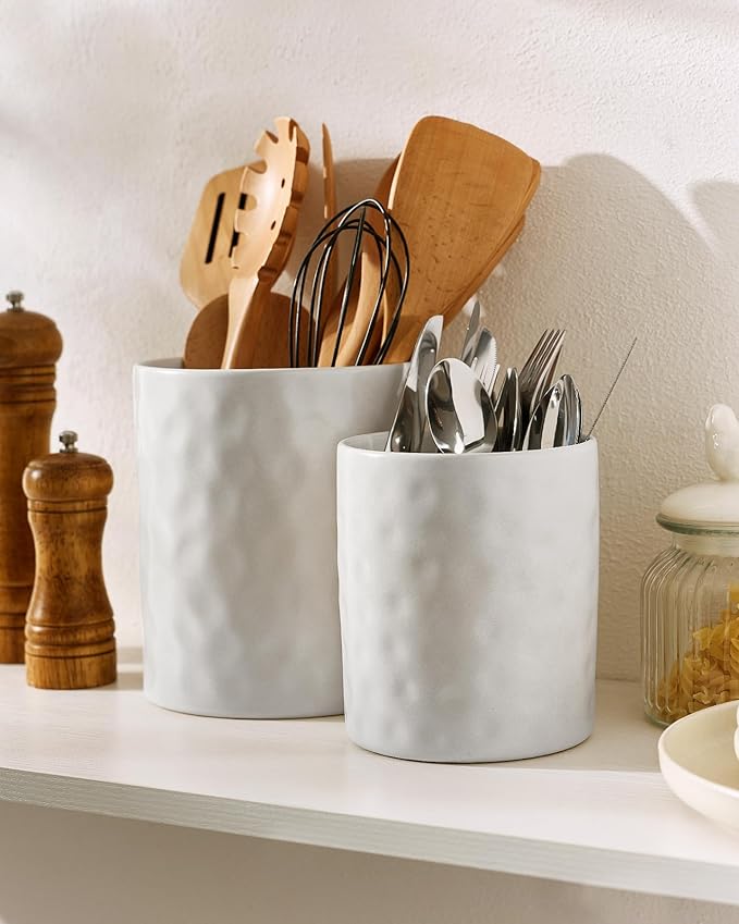 famiware Ocean Utensil Holder, 7.2"+5.8" Ceramic Kitchen Utensil Holder for Countertop, Cooking Utensil Crocks, Utensil Organizer for Spatula & Spoon, Kitchen Decor, Set of 2, Matte White - Image 2