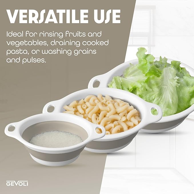 Gevoli Collapsible Colanders (3 Pack Set) Food Strainers with Over-Sink Water Draining Base for Pasta Fruits and Vegetables, White/Beige (3 Sizes, 3QT, 4QT and 5 Quart) - Image 7