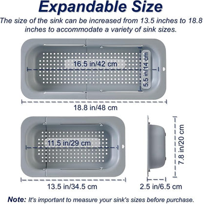 Extendable Sink Colander Strainer Basket - Wash Vegetables and Fruits, Drain Cooked Pasta and Dry Dishes - Adjustable Over the Sink Colander Collapsible Drainer Basket -Gray