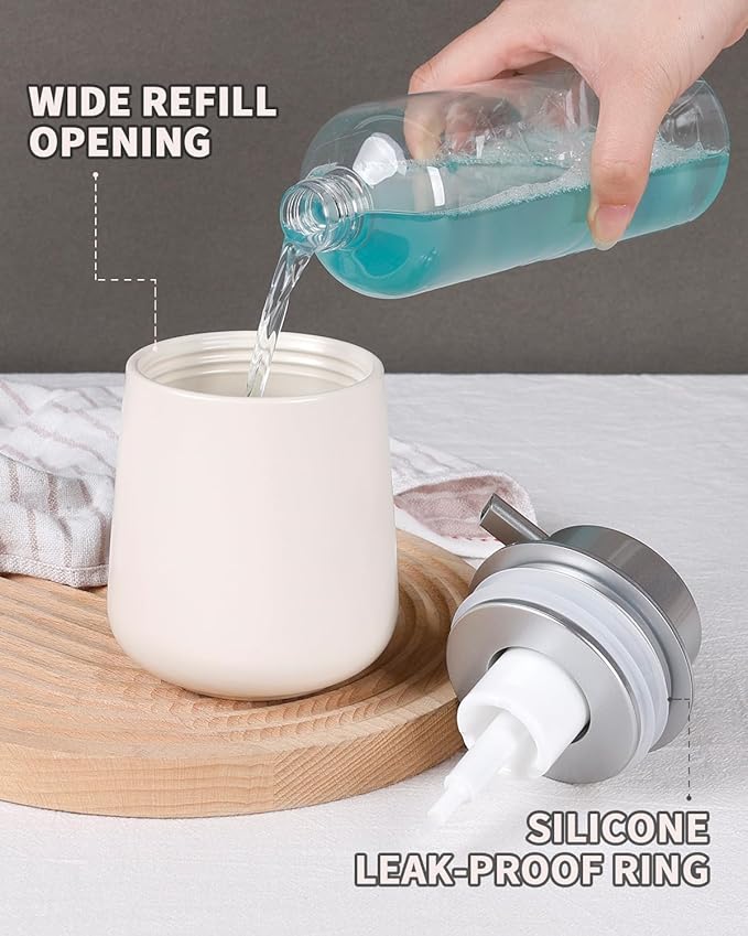Bosilunlife Ceramic Foaming Soap Dispenser - 12Oz Bathroom Countertop Kitchen Dish Soap Pump Dispenser Foam Soap Dispenser - Beige with Silver