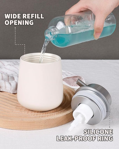 Bosilunlife Ceramic Foaming Soap Dispenser - 12Oz Bathroom Countertop Kitchen Dish Soap Pump Dispenser Foam Soap Dispenser - Beige with Silver