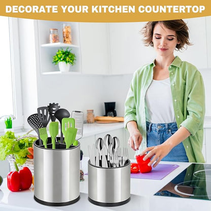 2Pack Kitchen Utensil Holder Set - 360° Rotating Stainless Steel Large Cooking Utensil Stand for Counter, 3 Compartment Flatware Caddy with Removable Base for Knife, Fork & Spoon Organizer - Sliver - Image 7
