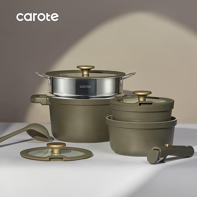 CAROTE Ceramic Saucepan Set 5.5QT/3QT/2QT，Nonstick Cooking Pots Set with Detachable Handles，Non-toxic Stock Pots with Lid，Induction Comptable，PFAS and PFOA Free，Olive Green - Image 8