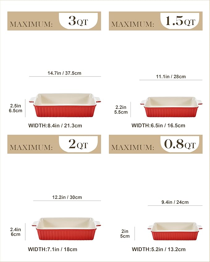 Bakeware Set of 4, MALACASA Porcelain Baking Pans Set for Oven, Casserole Dish, Ceramic Rectangular Baking Dish Lasagna Pans for Cooking Cake Pie Dinner Kitchen, Red (9.5"/11.25"/12.75"/14.5") - Image 2