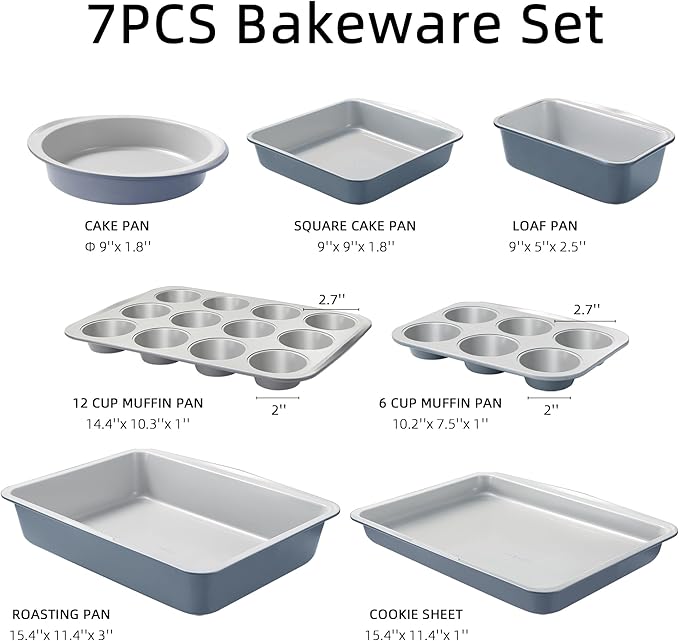 CAROTE 7-Piece Nonstick Stackable Baking Pans Set - Bakeware Sets Including Cookie Sheets for Baking, Muffin Pan, Bread Pan, Cake pan, Loaf Pan, Roasting Pan, Gray & Blue - Image 2